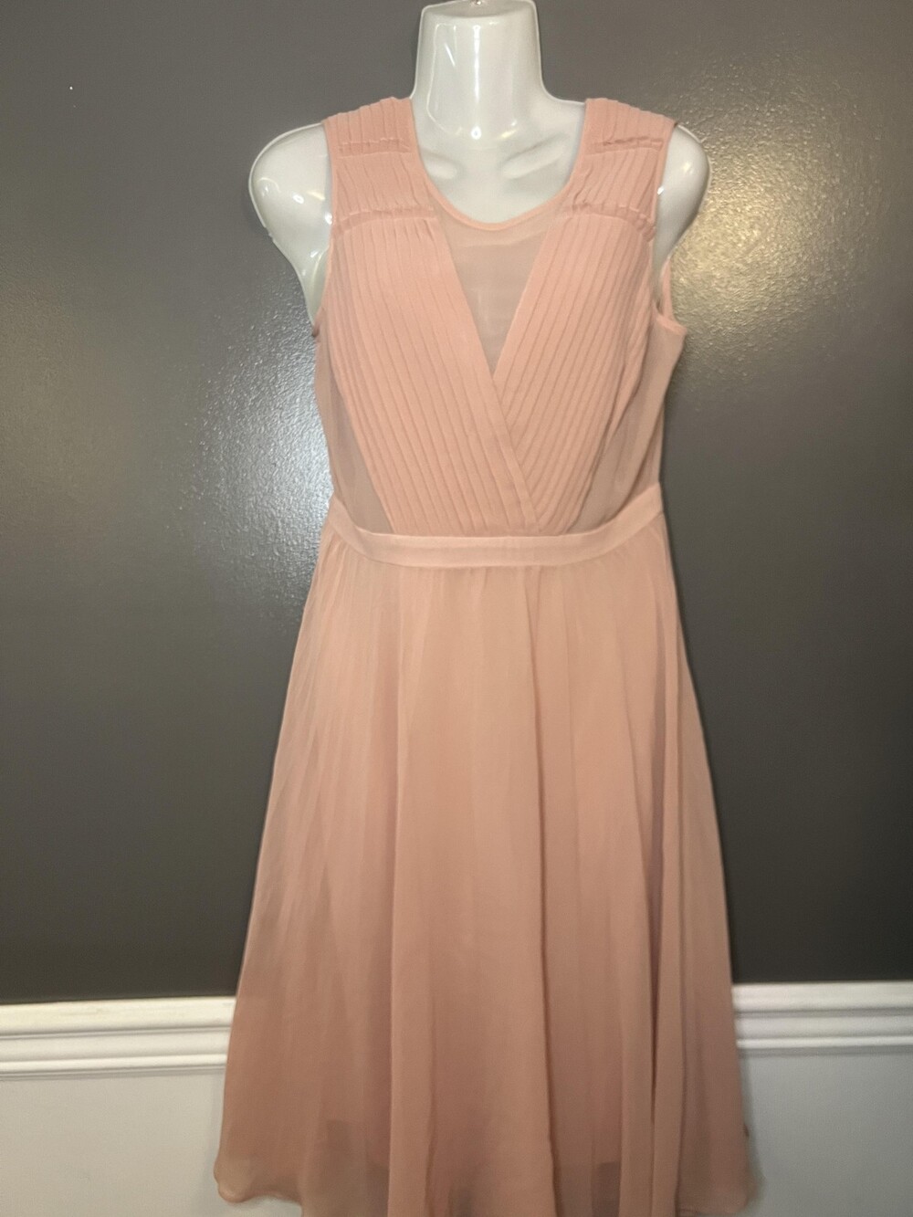 BCBGMAXAZRIA Deborah Dress Womens 4 Pink Pleated V Neck Chiffon Fit & Flare Midi - Picture 2 of 14